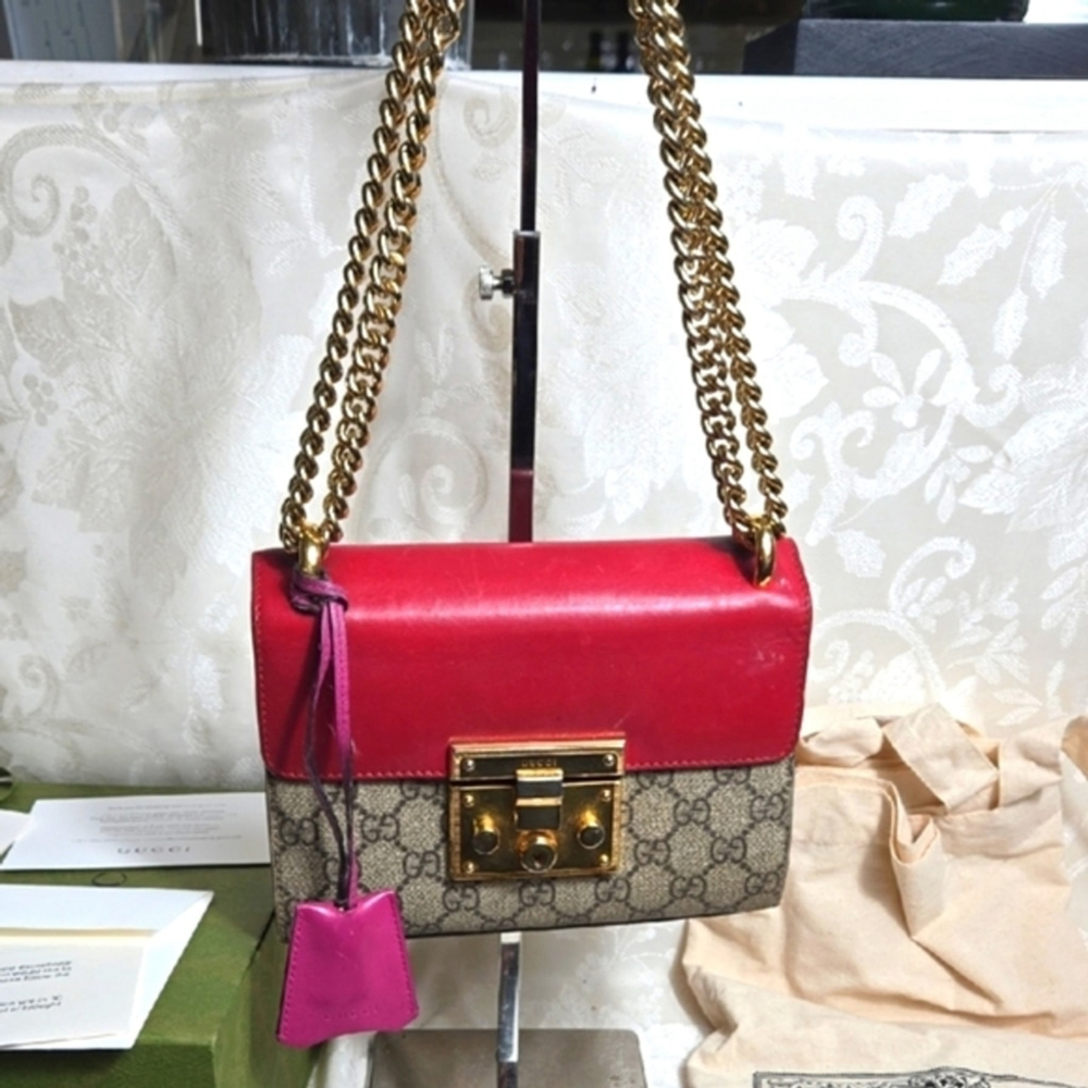 Gucci Red & Beige GG Canvas Leather Crossbody Bag with Gold Chain